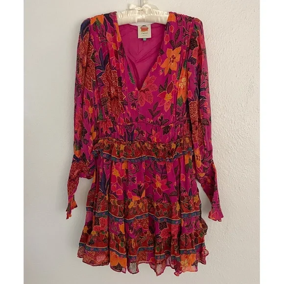 Farm Rio Tropical Tapestry Long-Sleeve Tiered Mini Dress Boho Small - Picture 2 of 13